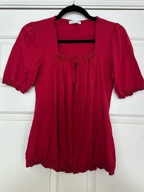 Promod Cherry Red Square-Neck Puff Sleeve Blouse